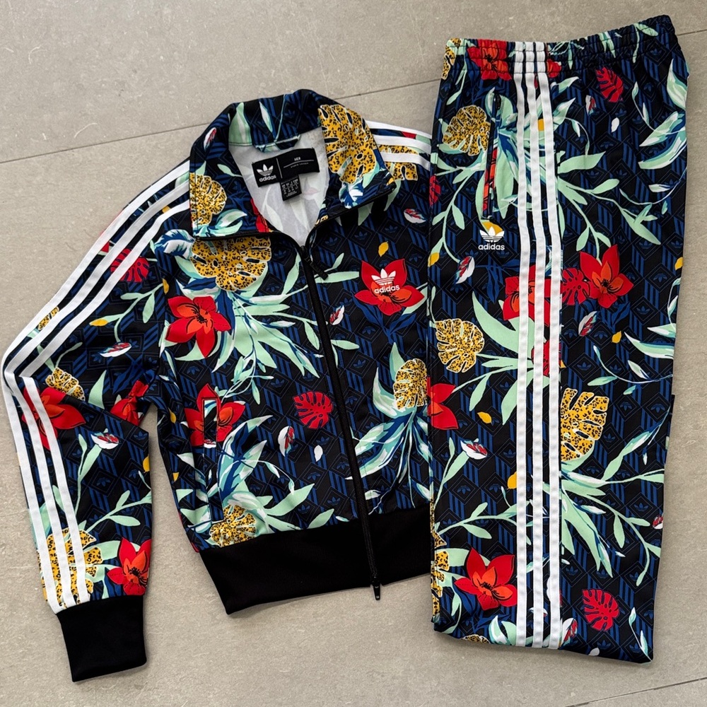 adidas Floral Navy Blue Red Track Jacket and Pants Set
